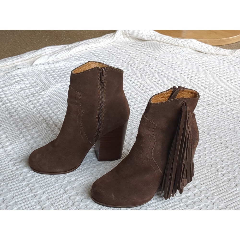Jeffrey Campbell Fringe Western Heeled Ankle Boots Zip Chocolate Brown Size 7.5